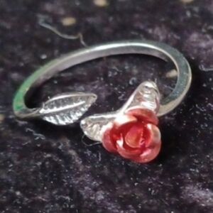4/$60 New Elegant Silver Ring with Red Rose Accent - Adjustable Size